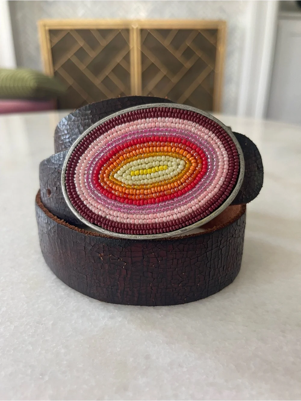 Distressed Brown Leather Belt Seed Bead Multicolored Buckle Boho Festival XL